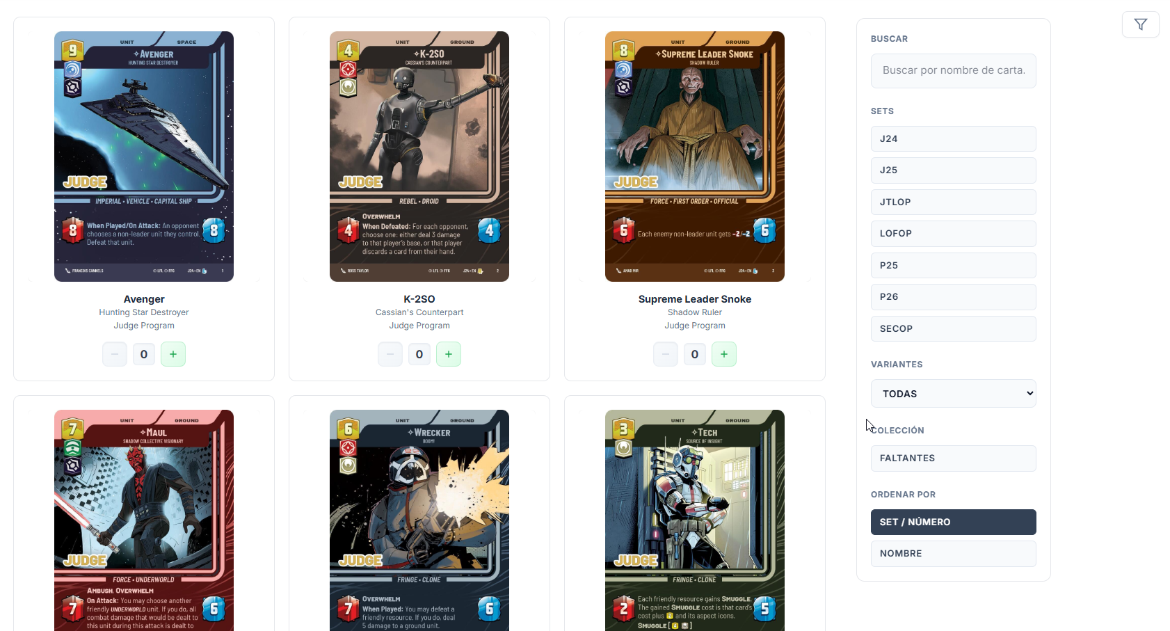 Captura del Panel de promos en SWU Card Tracker